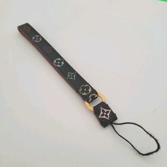 Louis Vuitton Cell Phone Charm Strap Lanyard Leather Black Colorful Logo - Picture 1 of 7
